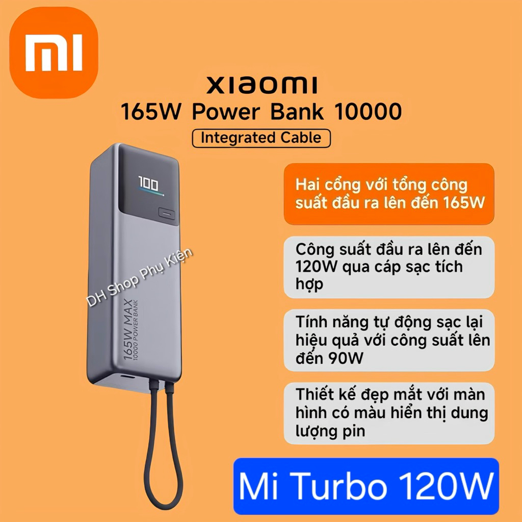 Sạc Dự Phòng Xiaomi 10000mAh 165W – Tích Hợp Cáp Type-C Sạc Nhanh Mi Turbo 120W