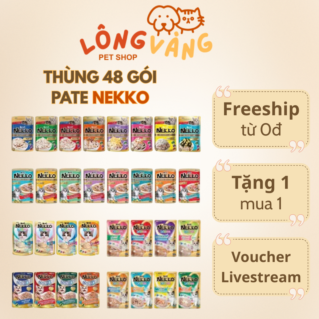 [Thùng 48 gói] Thức ăn cho mèo NEKKO, pate NEKKO cho mèo gói 70g - Lông Vàng Petshop