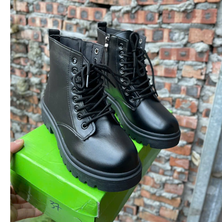 Boot da Boot nữ cổ cao chiến binh dây buộc cổ lửng Boot khóa cạnh chất da lì đế êm dây buộc và khóa 