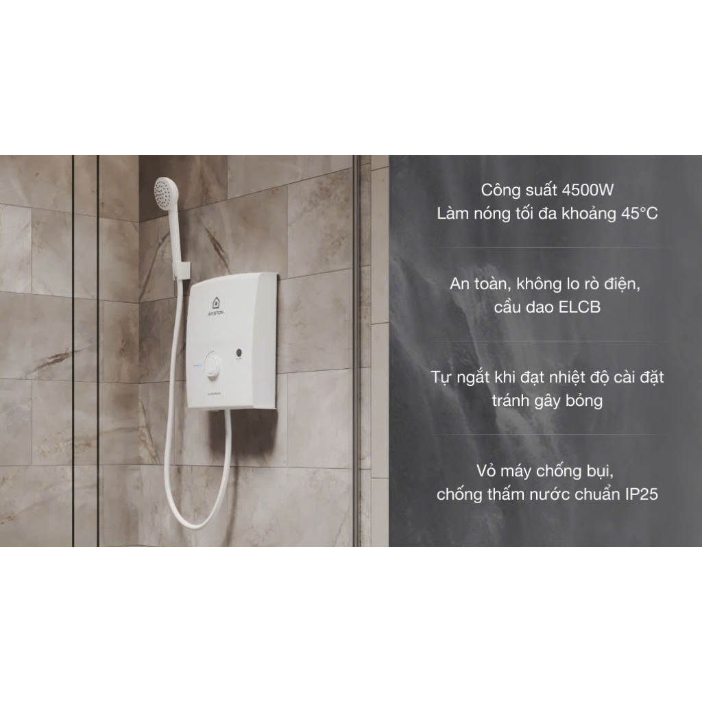 Máy nước nóng trực tiếp Ariston 4500W AURES EASY 4.5P(có bơm trợ lực , Bảo hành 2 năm )