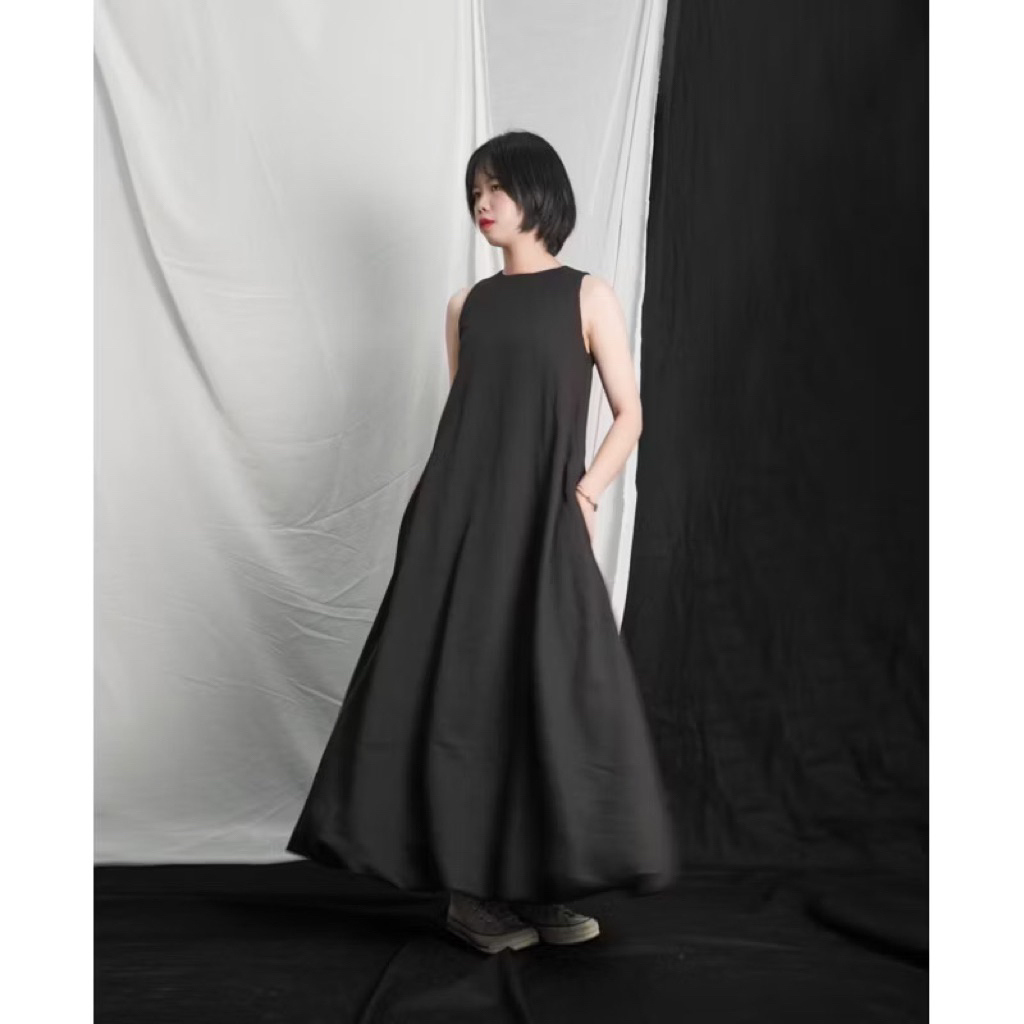 [Pass thanh lý] SSSTUDIO Váy bí dáng dài đầm đen cotton