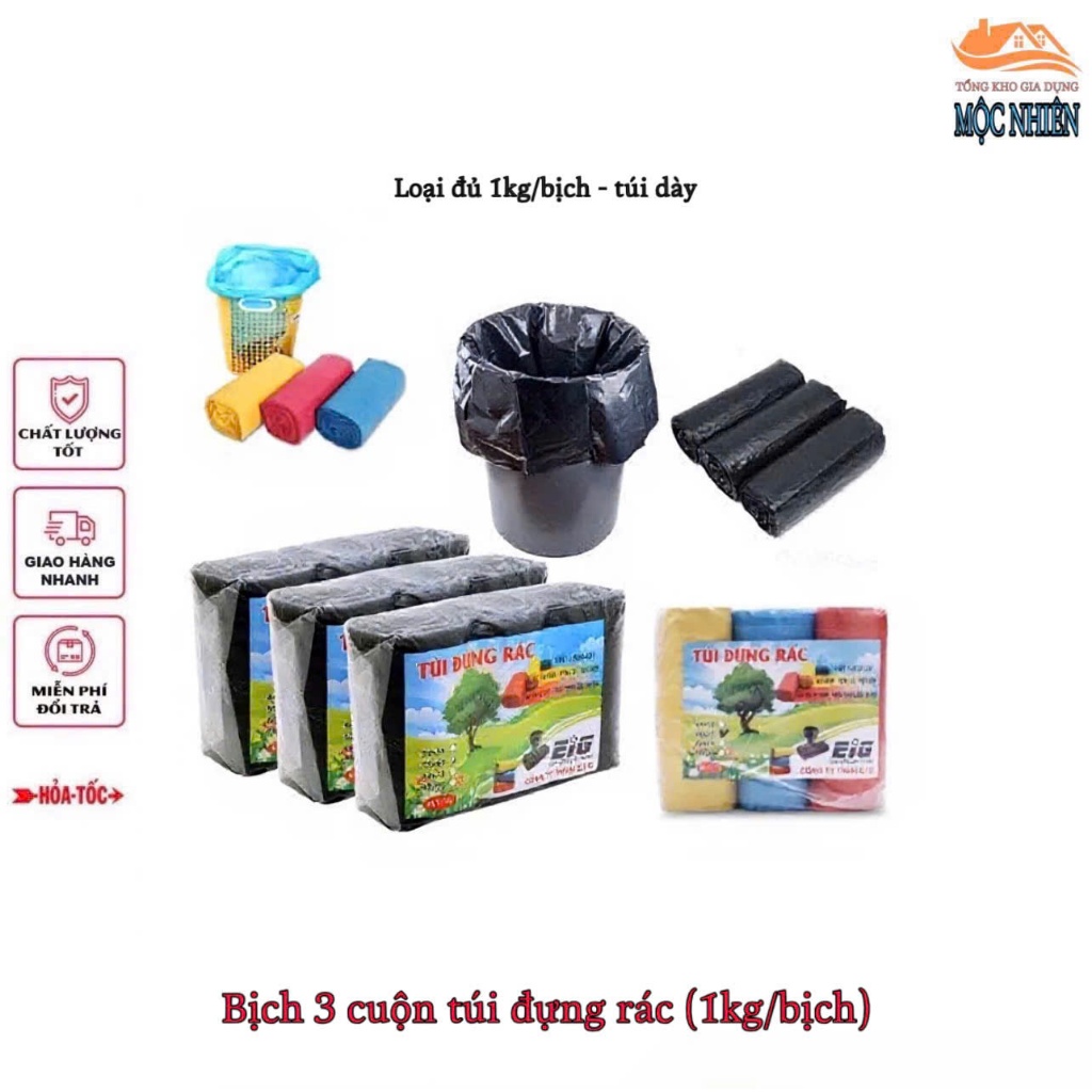 [ Loại dày - 1kg/bịch ] Bịch 3 cuộn túi đựng rác chất liệu nilon tự phân huỷ sinh học - tiện dụng, t