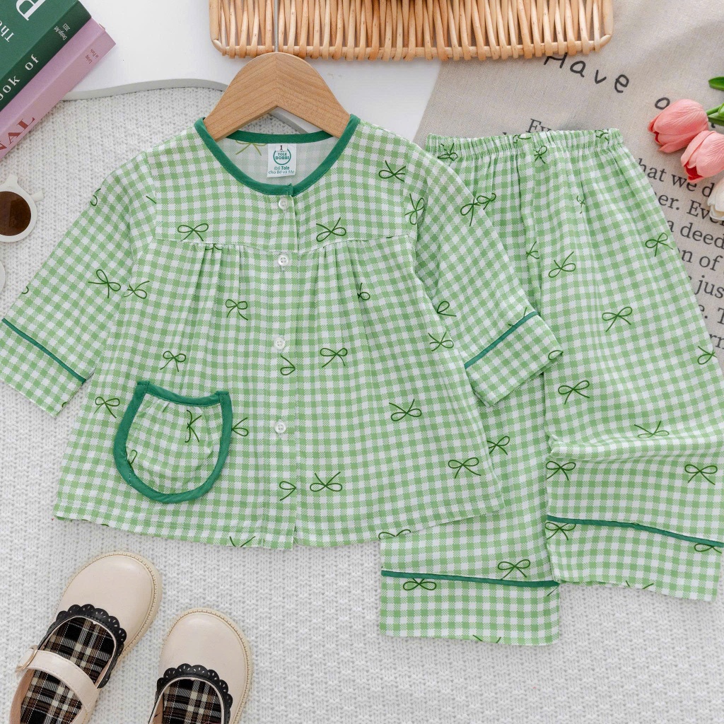 Tay Dài Quần Dài - Nơ Lé Rêu- Đồ Bộ Bé Gái - Bộ quần áo Tole Loại 1 mềm, mịn, mát size 7-37 kg 4-5 n