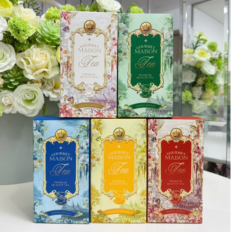 vỏ hộp trà trang trí giỏ quà tết - vỏ hộp chè "Maison Tea" mẫu mới 2026