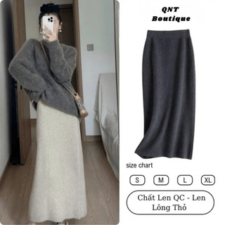  Chân váy nữ dáng dài chữ A xẻ sau cạp chất thun tăm len lông thỏ QNTshop 
