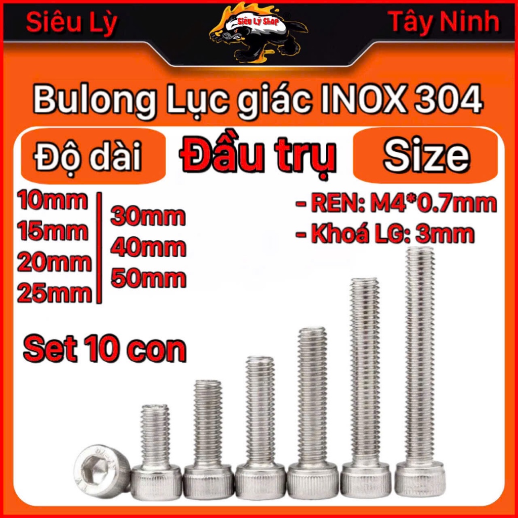 Set 10 con Bulong Lục giác INOX 304 - Đầu trụ - REN M4*0.7mm (đk REn 4mm, Khóa LG 3mm)