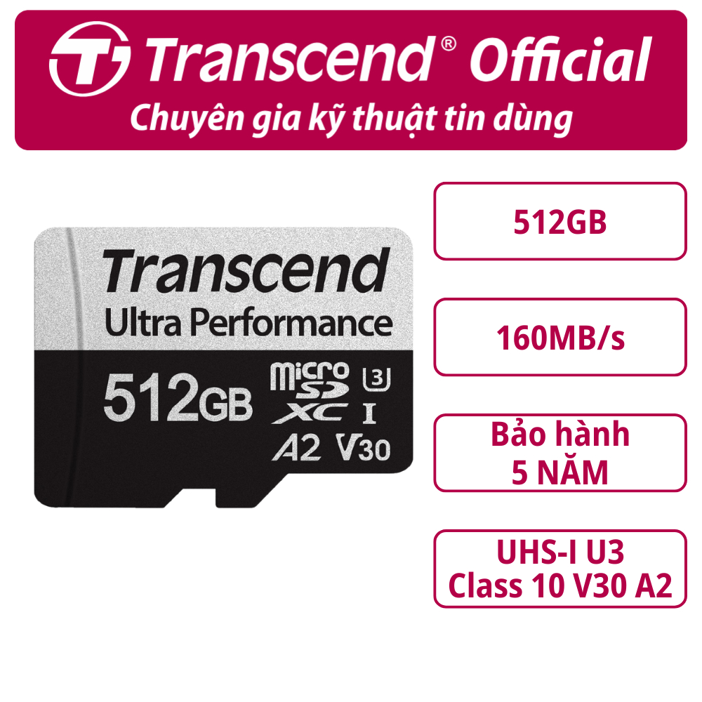 Thẻ nhớ MicroSDXC Transcend USD340S 128GB/256GB/512GB UHS-I U3 A2 upto 160MB/s (kèm adaptor) - Bảo h