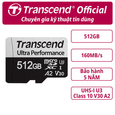 Thẻ nhớ MicroSDXC Transcend USD340S 128GB/256GB/512GB UHS-I U3 A2 upto 160MB/s (kèm adaptor) - Bảo hành 5 năm