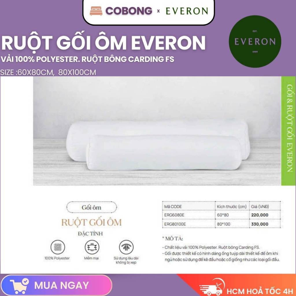 Hàng Chính Hãng Gối Ôm EVERON, Ruột Gối Ôm EVERON Cao Cấp, Kích Thước 80x100cm -Cobongbedding