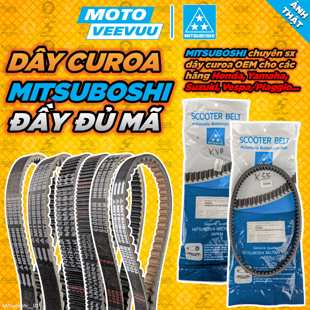 [MTVV] Dây Curoa MITSUBOSHI đủ mã Honda Yamaha Vespa KZL KZR K44 KVB K35 K36 K2S K0J KGF K01 K02 K0S