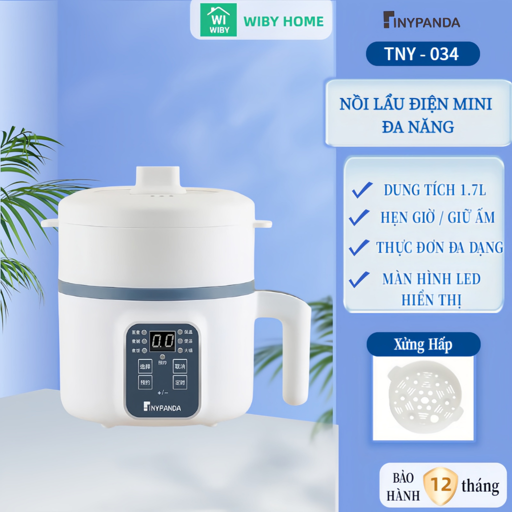 Nồi điện đa năng, nồi cơm điện mini 1.7L công suất 600W, cảm ứng 6 chức năng, nấu cơm mì lẩu chiên hầm