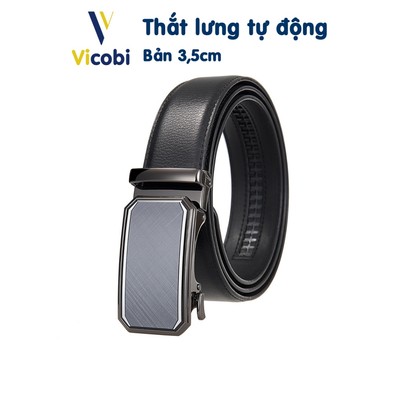 Dây thắt lưng nam da bò Vicobi TLE8T viền Trắng, dây nịt khóa tự động bản 3,5cm