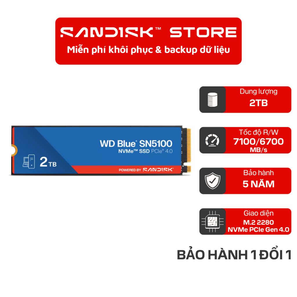 SSD gắn trong WD 500GB/1TB/2TB Blue SN5100 PCle Gen4x 4 NVMe M.2 upto 7100MB/s  - Bảo Hành 5 năm