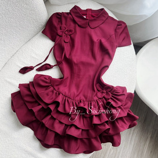  D304 ĐẦM THIẾT KẾ TAY NGẮN ĐÍNH HOA 3D DÁNG XOÈ TẦN GDÁNG NGẮN DỄ THƯƠNG CHUN SAU EO TÔN DÁNG  Size s  