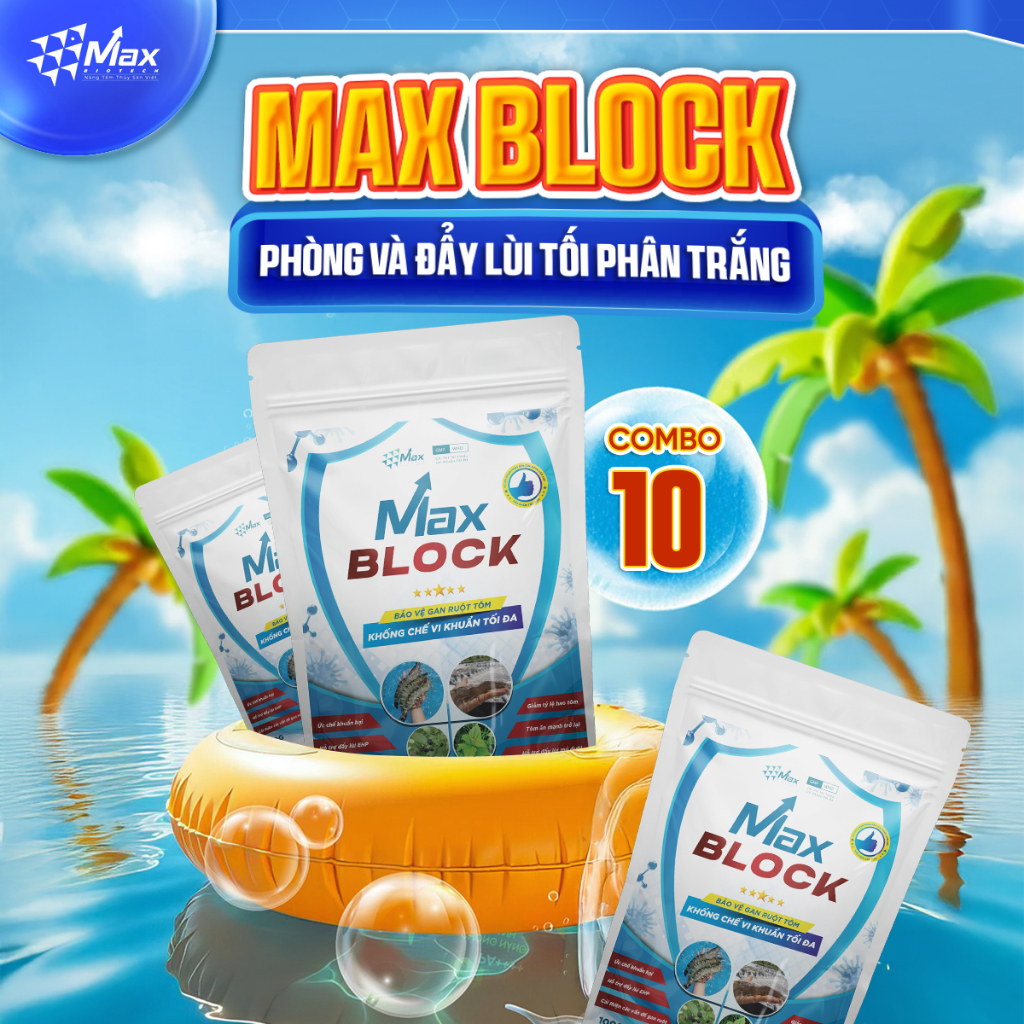Thùng 10 gói Max Block - Phòng trị tôm chậm lớn, đẩy lùi EHP tối đa gói 100g + 2 thẻ cào