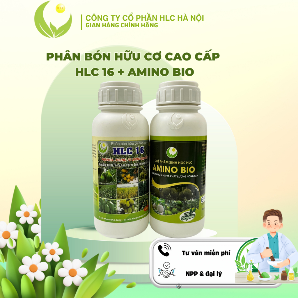 Combo Phân bón cao cấp HLC 16 & Amino bio chai 500ml giúp kéo cơi đọt, vọt đọt, xanh đen dày lá, cao