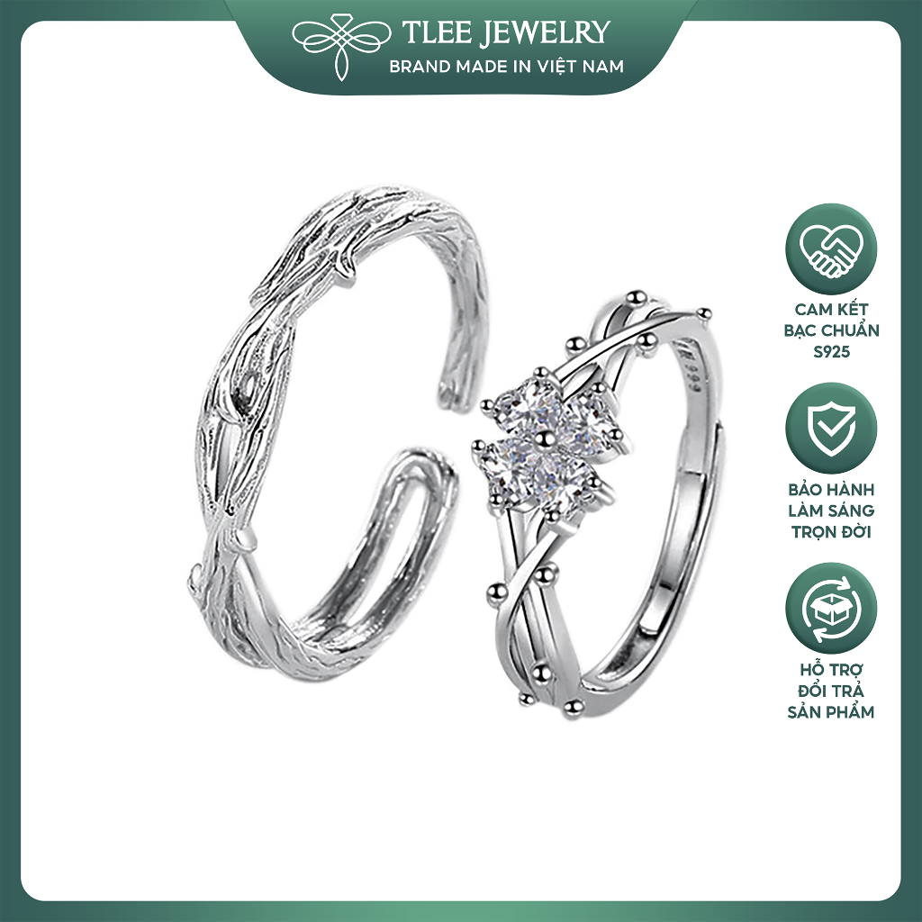 Nhẫn đôi bạc freesize cỏ bốn lá đính đá thân hình vỏ cây mang lại may mắn, hi vọng TLEE JEWELRY ND0125