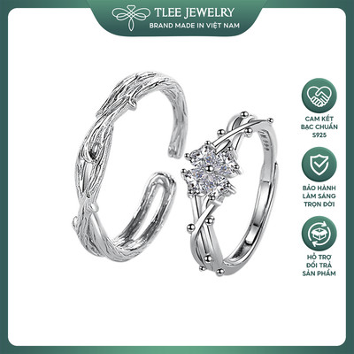 Nhẫn đôi bạc freesize cỏ bốn lá đính đá thân hình vỏ cây mang lại may mắn, hi vọng TLEE JEWELRY ND0125