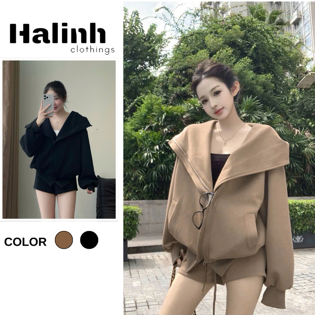 SET ÁO KHOÁC NỈ MŨ KHOÁ ZIP KÈM QUẦN ÔM BY HLC M379