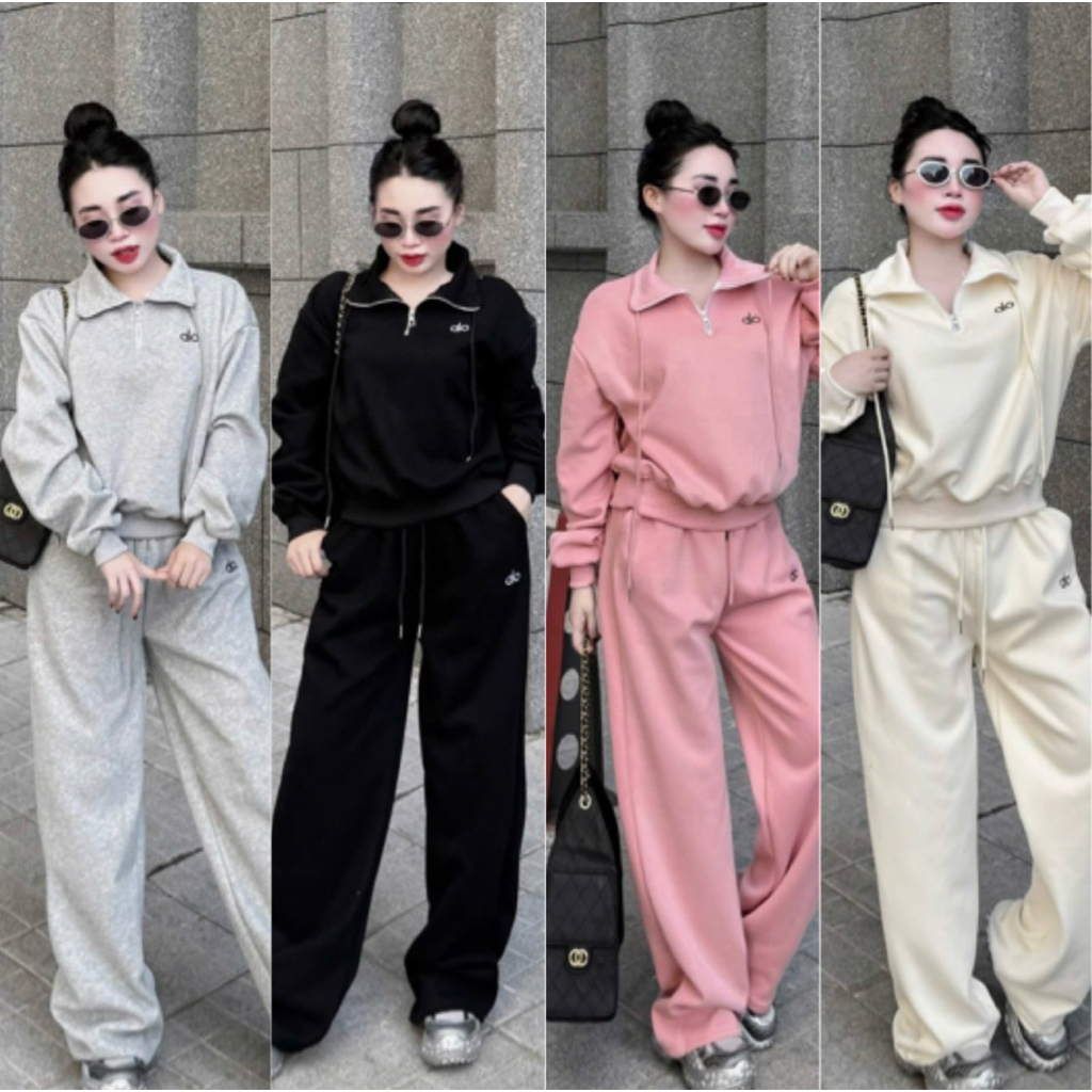 Set Bộ Nỉ Nữ Vải 2 Da Cổ Bẻ Khoá Thêu Chữ AOLO