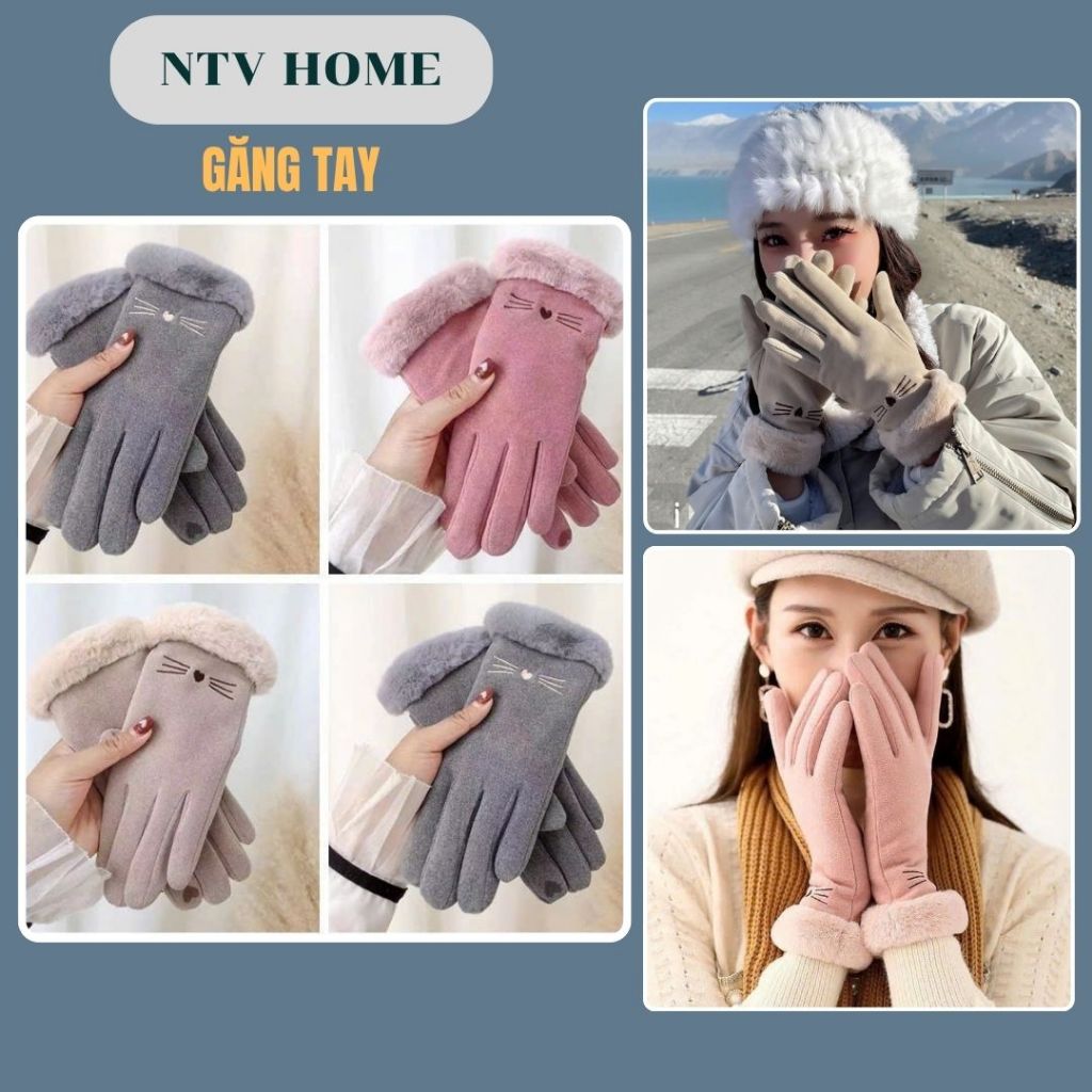NTV HOME Găng Tay Mèo Nữ Bằng Lông Nhung Ấm Áp Mùa Đông (có Cảm Ứng Đầu Ngón Tay)