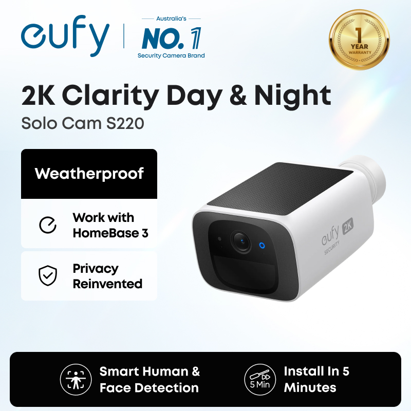 eufy SoloCam S220 – Camera Ngoài Trời 2K, Solar, Không dây, Không phí tháng, Hỗ trợ HomeBase 3