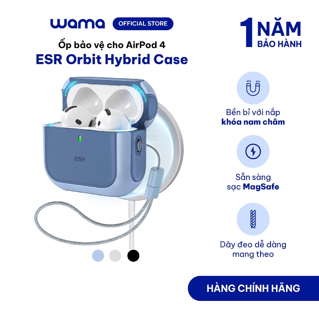 Ốp bảo vệ AirPod 4 ESR Orbit Hybrid Case kèm dây đeo tay, chống sốc, hỗ trợ sạc không dây