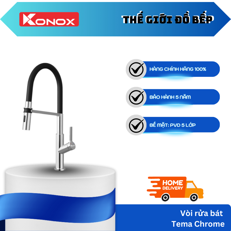 Vòi Rửa Bát Thân Mềm Konox Tema – Bề Mặt PVD Chrome 5 Lớp – Lõi Hợp Kim Đồng – TGB
