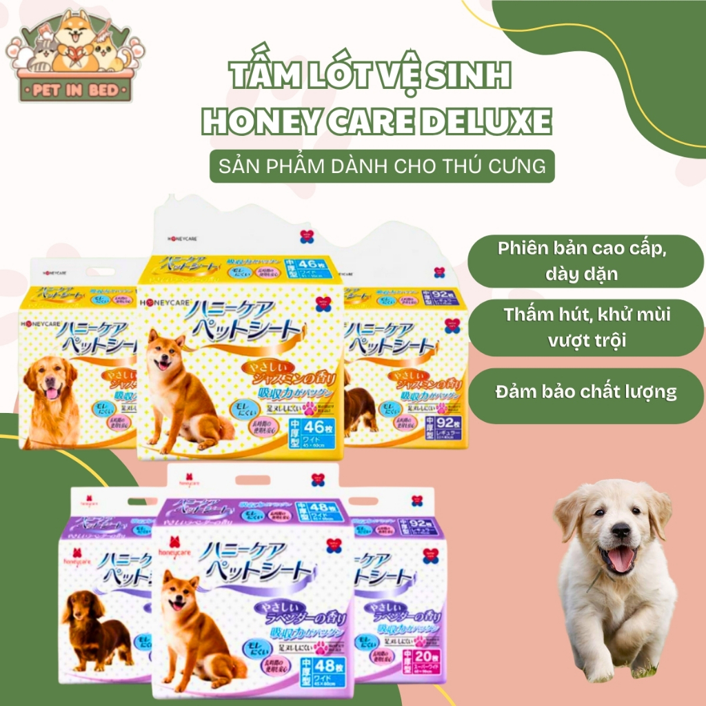 Tấm Lót Vệ Sinh Thú Cưng Honey Care Deluxe Size S 92pcs M 46pcs Hương Lavender Nhài - PETINBED STORE