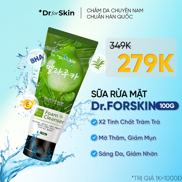 Sữa rửa mặt nam tràm trà Dr.FORSKIN Hàn Quốc dành cho da mụn/da dầu, giúp giảm mụn, mờ thâm, sáng da