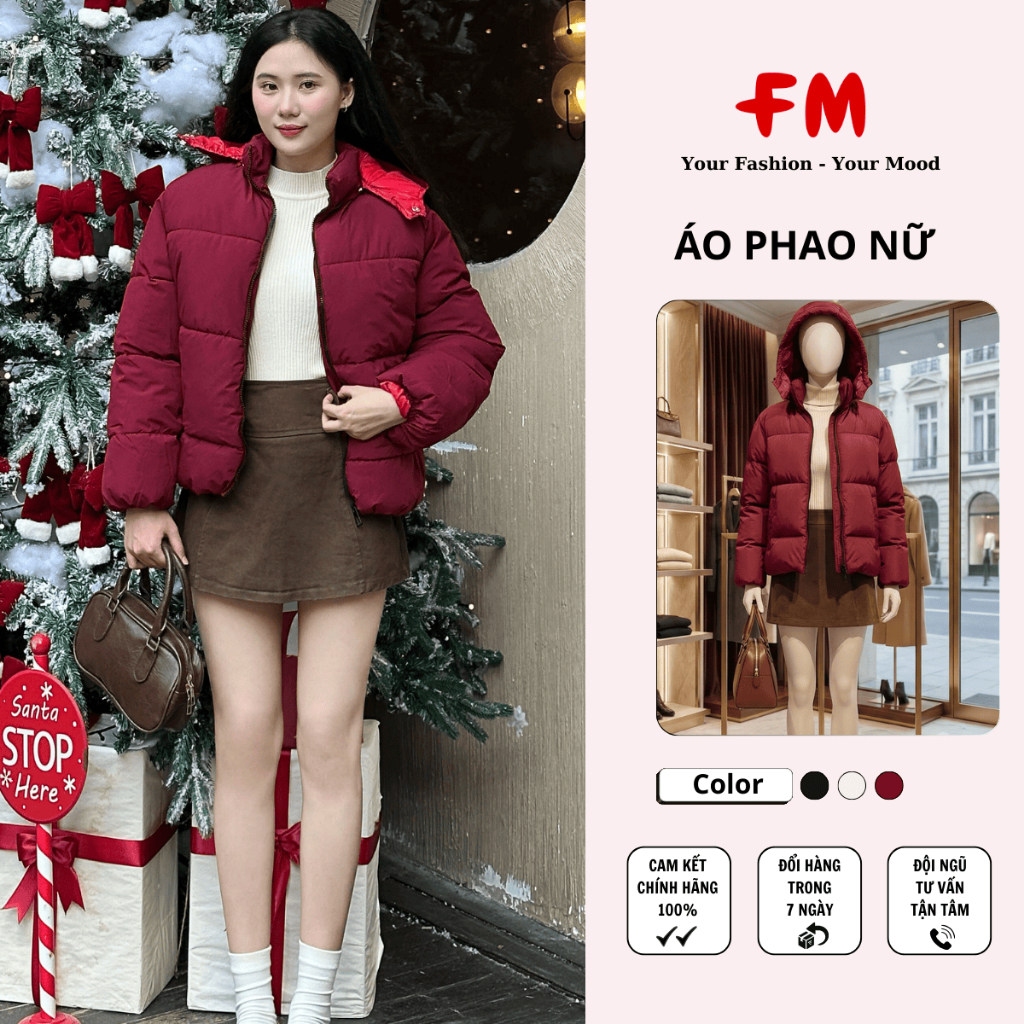 Áo Khoác Phao Nữ FMStyle Form Rộng – Siêu Ấm, Chống Gió, Phối Mũ Cá Tính, Màu Đỏ Đô Trendy Mùa Đông