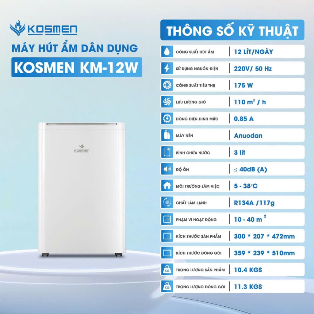 Máy hút ẩm Kosmen KM-12W - Kosmen KM-20N 20L - Kosmen KM-25N bảo hành 24 tháng
