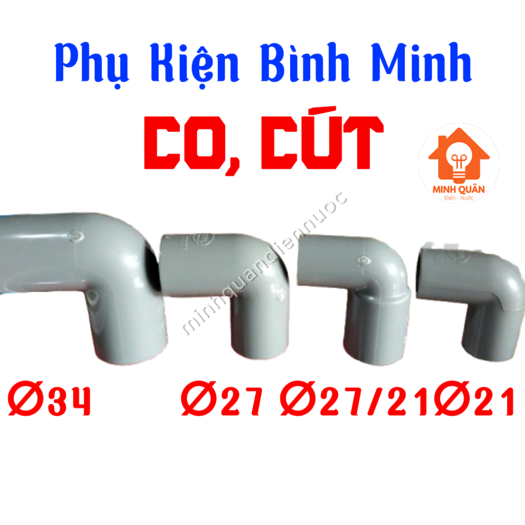 Co, Cút, Co Góc Vuông 90 độ phi 21, 27, 27/21, 34mm BÌNH MINH