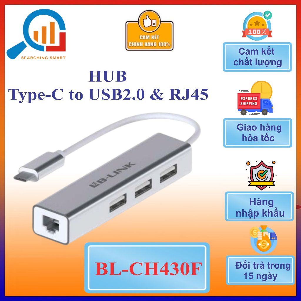 Bộ chuyển đổi LB - Link CH-430F Type C to USB 2.0, Type C - Lan 1000Mb cho Laptop PC máy tính bàn - 