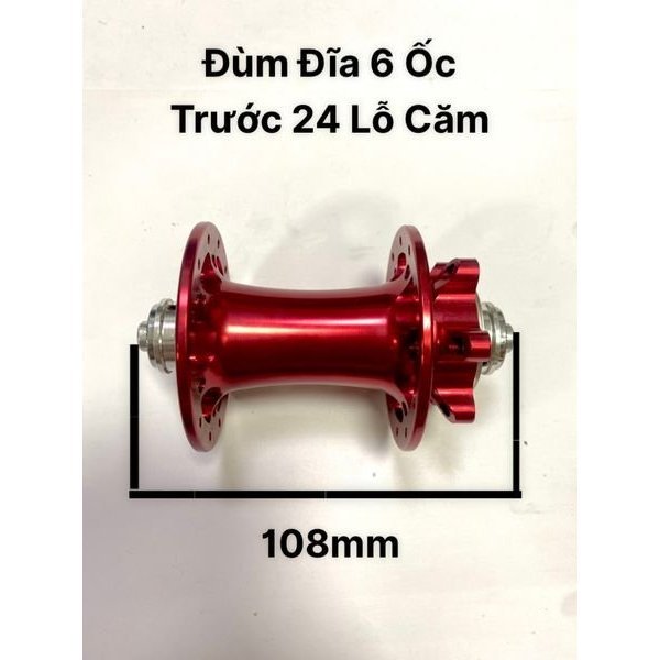 Đùm lẻ Trước 24 lỗ căm, đùm đĩa 6 ốc màu đỏ dành cho xe đạp MTB