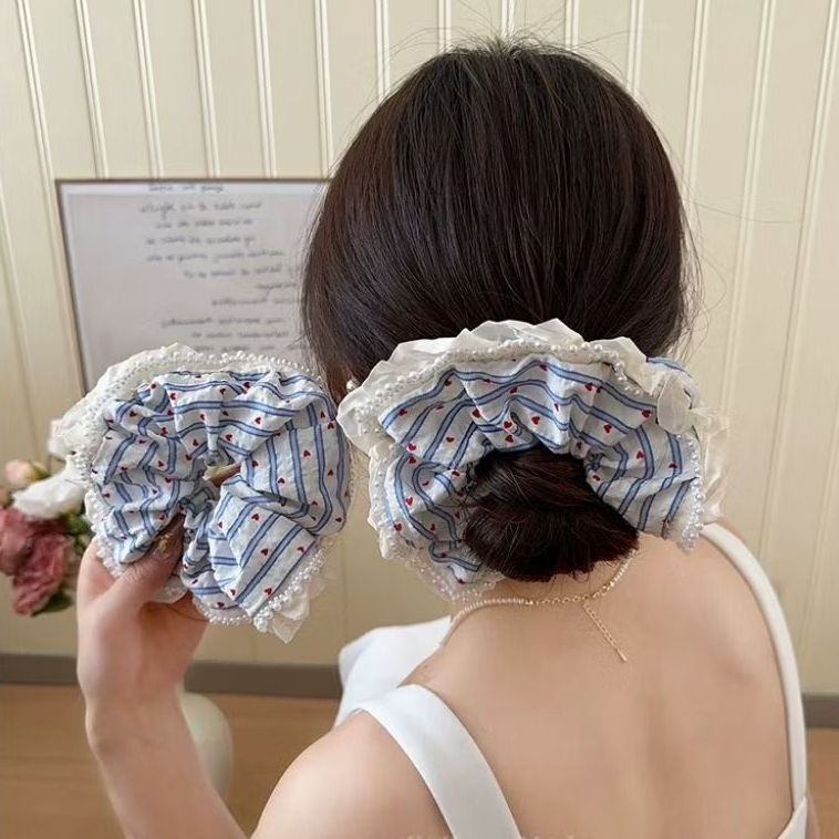Srunchies cột tóc vải bản to viền ngọc phong cách tiểu thư Hàn Quốc, scrunchies viền ngọc