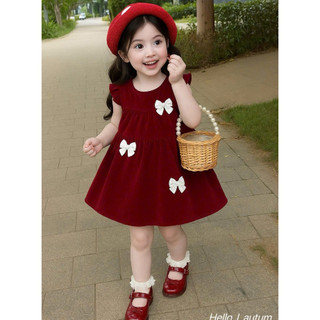  Váy nhung bé gái sát nách dáng xoè đính nơ có khóa kéo sau lưng cho bé từ 1 tuổi đến 5 tuổi 