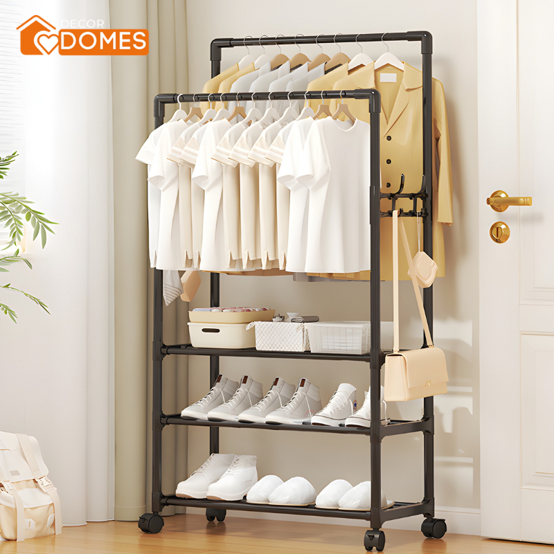 Kệ Treo Quần Áo 3 Tầng Khung Thép Carbon Cao Cấp, Giá Phơi Đồ Tích Hợp Kệ Để Giày Dép, Chăn Màn Mùa 