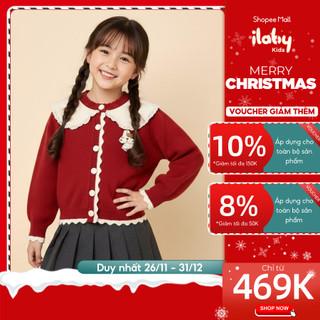  Áo len bé gái ILABY áo len đỏ Noel cài khuy thân trước tai thỏ dễ thương chất len mềm mịn ấm áp  3989  