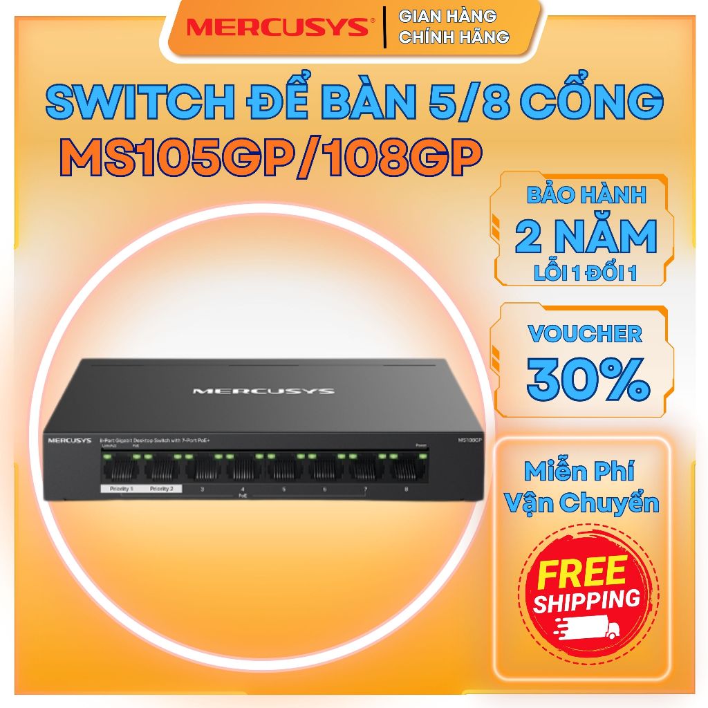 Switch PoE+ Gigabit 5/8 Port MS105GP/108GP - Vỏ Kim Loại, Cắm Và Chạy, Truyền Tải Upto 250m, BH 24TH
