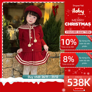  Set bộ len ILABY set bộ chân váy áo và yếm cho bé gái màu đỏ chất liệu len mịn ấm áp phù hợp mặc Tết Noel  3991  