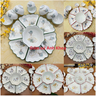  Bộ Bát Đĩa Hoa Mặt Trời Cúng Gia Tiên gốm sứ Bát Tràng 15 món 45cm và 55cm tặng kèm khay gỗ như ảnh 