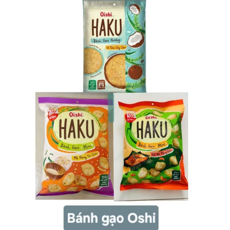 Bánh gạo Oshi Haku vị dừa sấy giòn - cá hồi rong biển- mè rang tỏi giòn.
