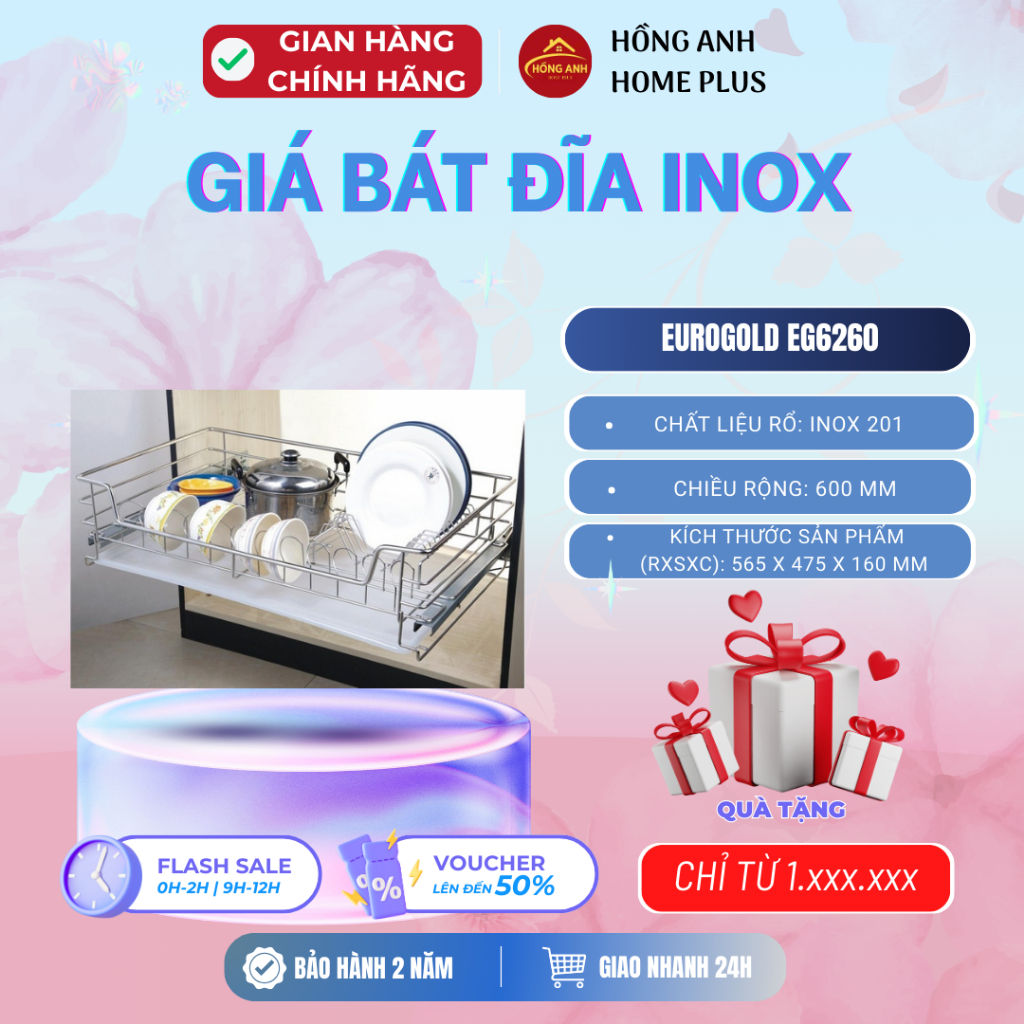 Giá bát đĩa inox nan Eurogold EG6260 600mm ray giảm chấn âm tủ dưới gắn cánh, hiện đại, sang trọng