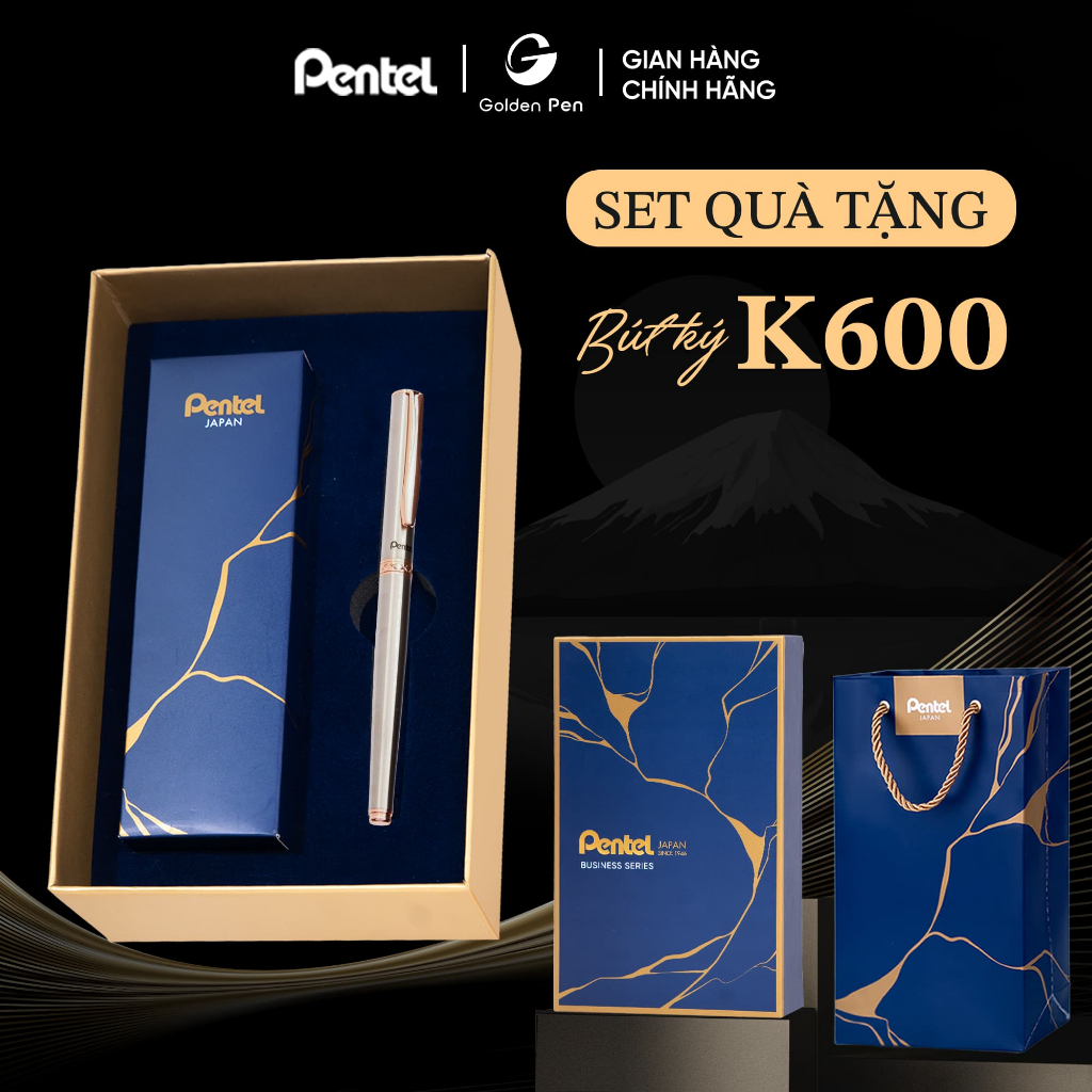 Bút ký Pentel K600-PG cao cấp ngòi 0.7mm mực xanh thân kim loại mạ bạc vàng bền đẹp