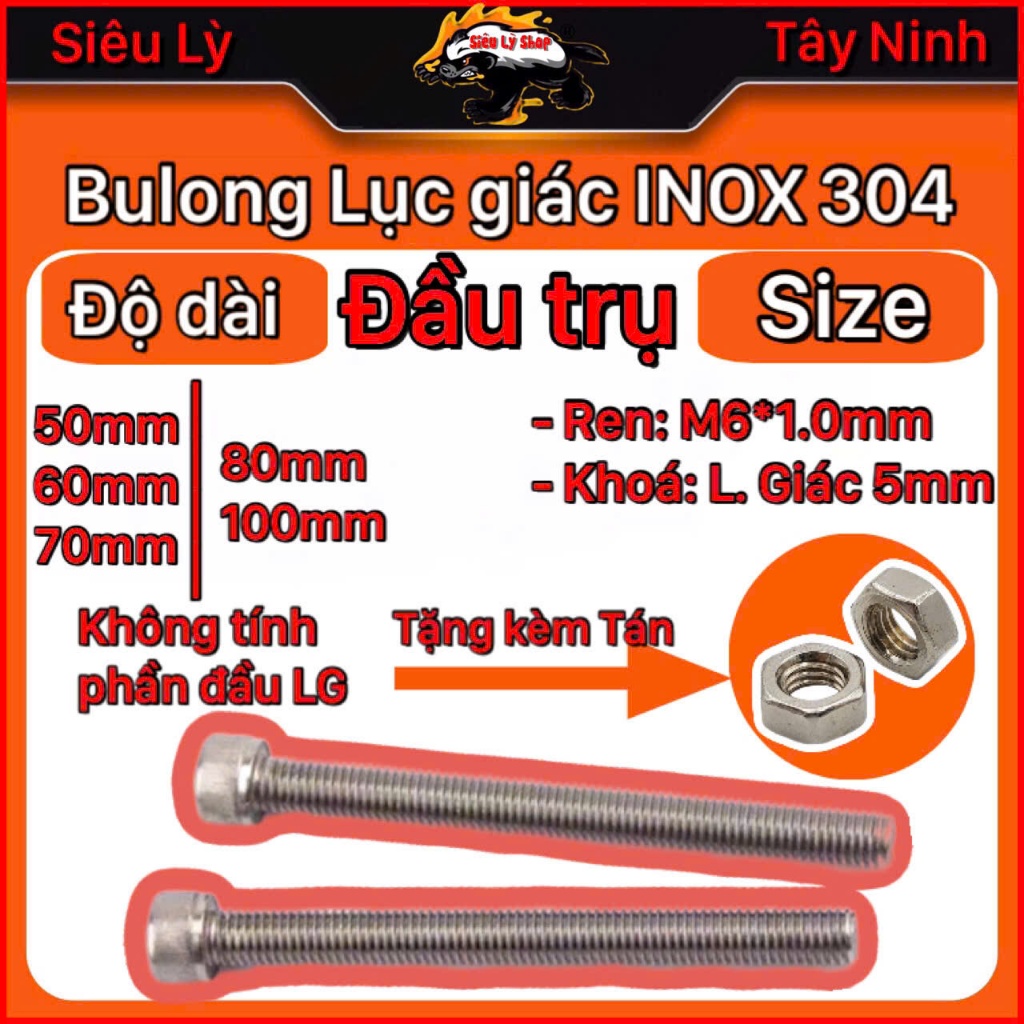 [Set 5 con] Bulong Lục giác INOX 304 - Đầu trụ - Ren M6*1.0mm - Dài 80mm