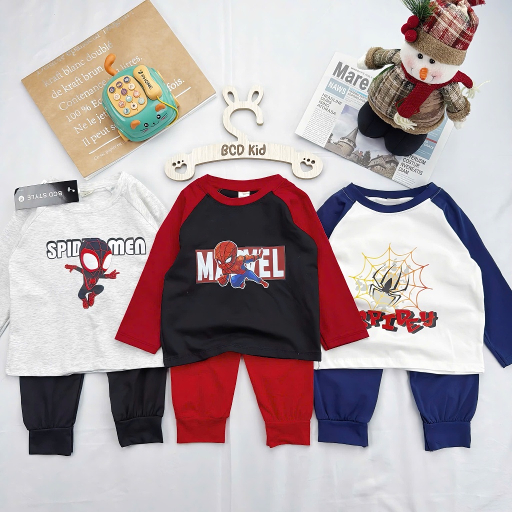 Bộ dài tay cotton mềm mại cho bé trai hoạ tiết Marvel size 7-26kg - Hana House