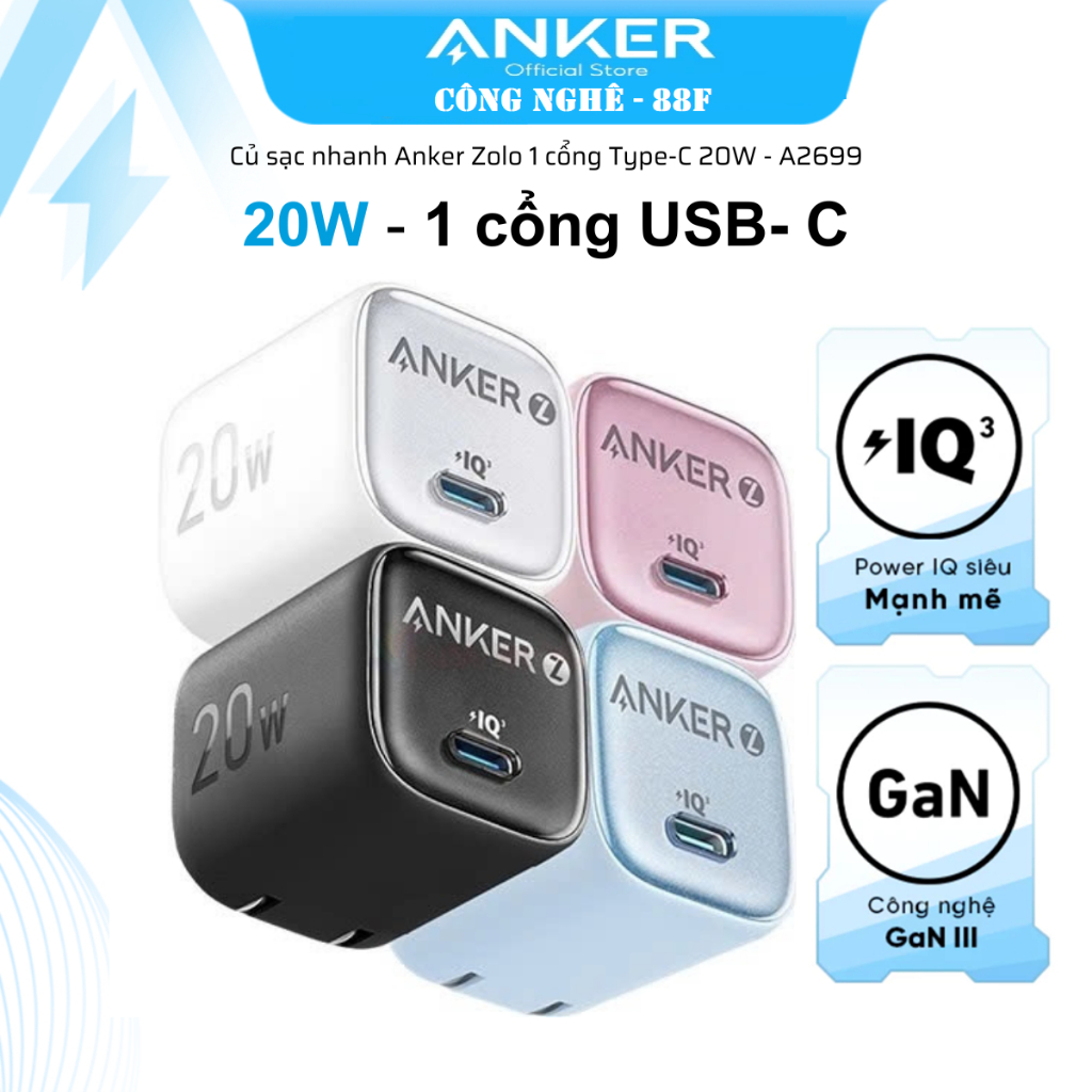 Củ sạc nhanh Anker Zolo A2699 1 cổng Type-C 20W IQ 3.0