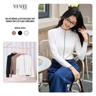 Áo nỉ nữ CARDINA chất liệu nỉ bông cotton dài tay dáng ôm cổ cao viền bèo 5YANF09