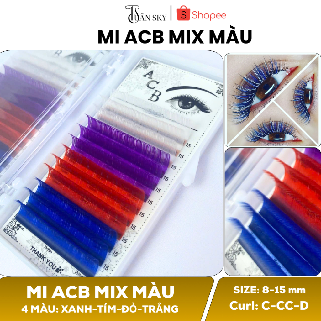 Mi khay ACB nhiều màu Trắng-Tím-Đỏ-Xanh Dương, nối thiết kế, Lông Mi Nhân Tạo, 12line, TUẤN SKY